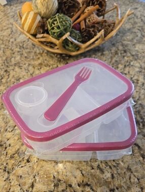 NEW Built Sectioned Tupperware Pink-Trim Bento Lunch Box Set with Fork